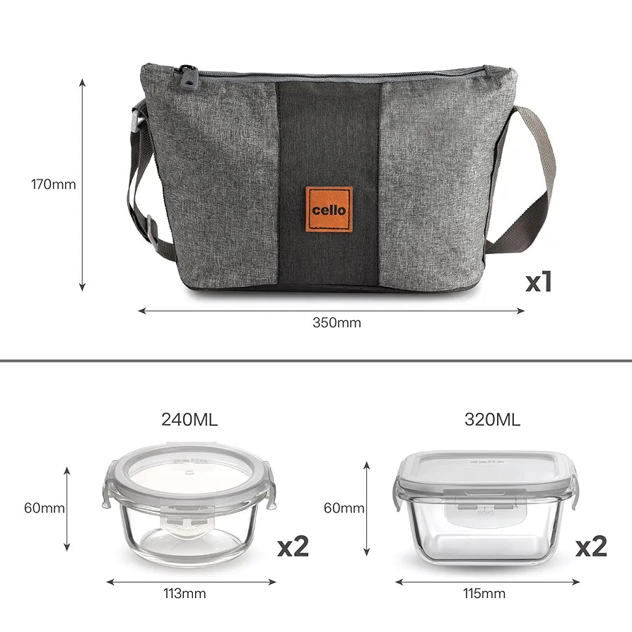 CELLO Glassy Square Lunch Box Set of 4 , Clear | Leak-Proof Toughened Microwavable Glass | Perfect Lunch Box Set for Office, School & College
